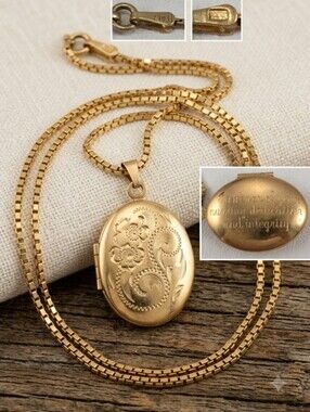 Vintage Solid 14K Gold W.E.H. Floral Locket & Italy Box Chain Necklace